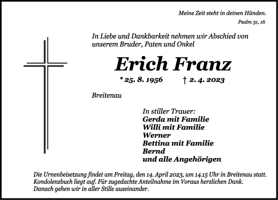 Traueranzeige von Erich Franz von Dinkelsbühl/ Feuchtwangen