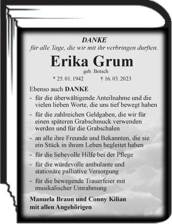 Traueranzeige von Erika Grum von Rothenburg