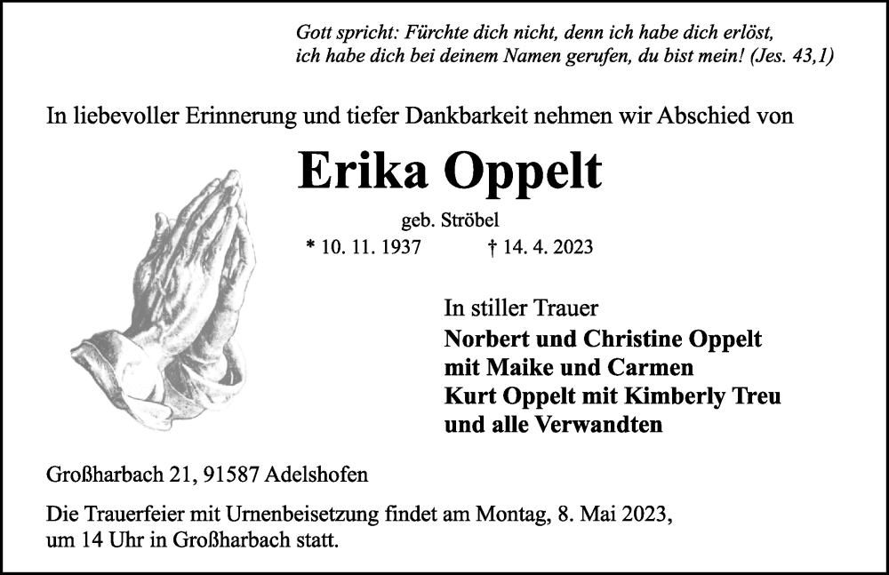  Traueranzeige für Erika Oppelt vom 22.04.2023 aus Neustadt/ Scheinfeld/ Uffenheim