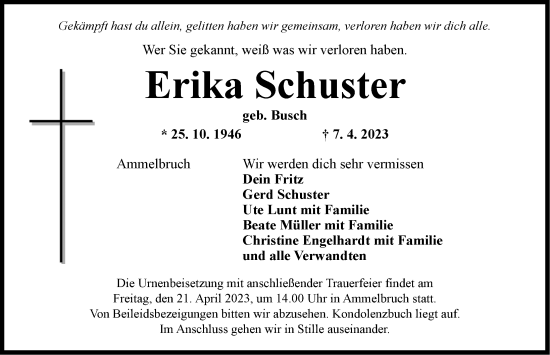 Traueranzeige von Erika Schuster von Dinkelsbühl/ Feuchtwangen