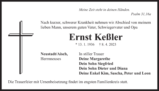 Traueranzeige von Ernst Keßler von Neustadt/ Scheinfeld/ Uffenheim
