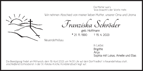 Traueranzeige von Franziska Schröder von Ansbach