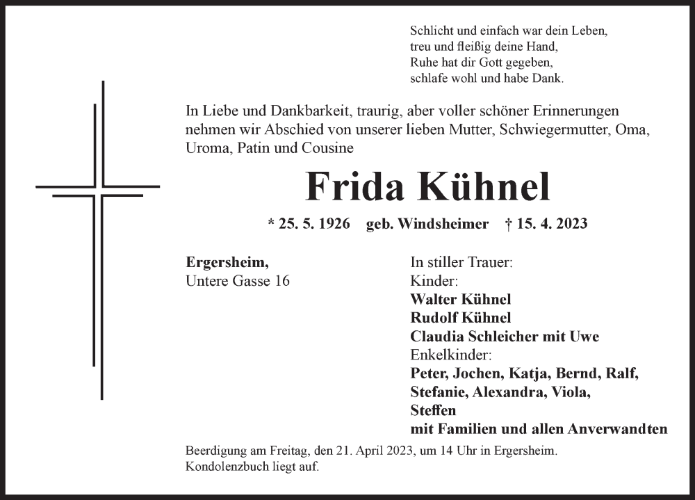  Traueranzeige für Frida Kühnel vom 19.04.2023 aus Neustadt/ Scheinfeld/ Uffenheim