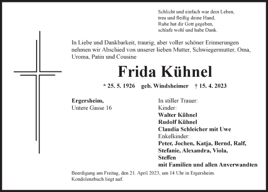 Traueranzeige von Frida Kühnel von Neustadt/ Scheinfeld/ Uffenheim