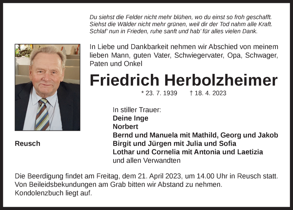  Traueranzeige für Friedrich Herbolzheimer vom 20.04.2023 aus Neustadt/ Scheinfeld/ Uffenheim
