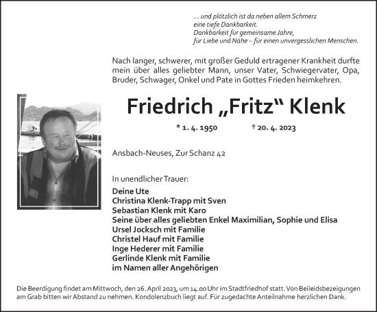 Traueranzeige von Friedrich Klenk von Ansbach