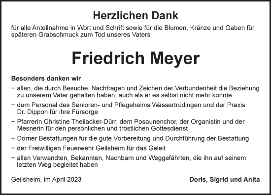 Traueranzeige von Friedrich Meyer von Dinkelsbühl/ Feuchtwangen