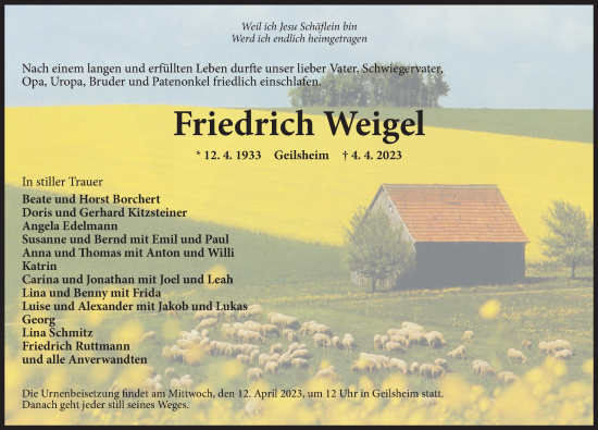 Traueranzeige von Friedrich Weigel von Dinkelsbühl/ Feuchtwangen