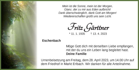 Traueranzeige von Fritz Gärttner von Neustadt/ Scheinfeld/ Uffenheim