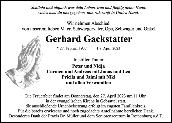 Traueranzeige von Gerhard Gackstatter von Rothenburg