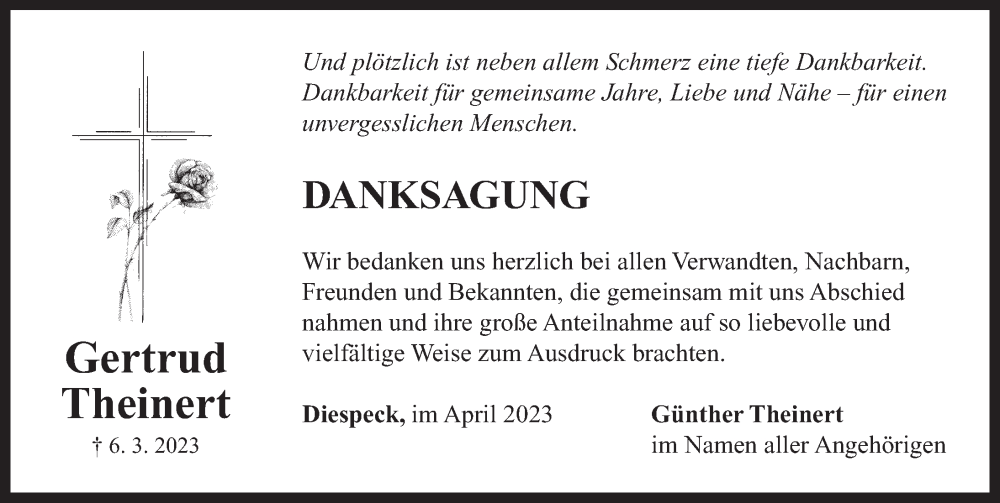  Traueranzeige für Gertrud Theinert vom 08.04.2023 aus Neustadt/ Scheinfeld/ Uffenheim