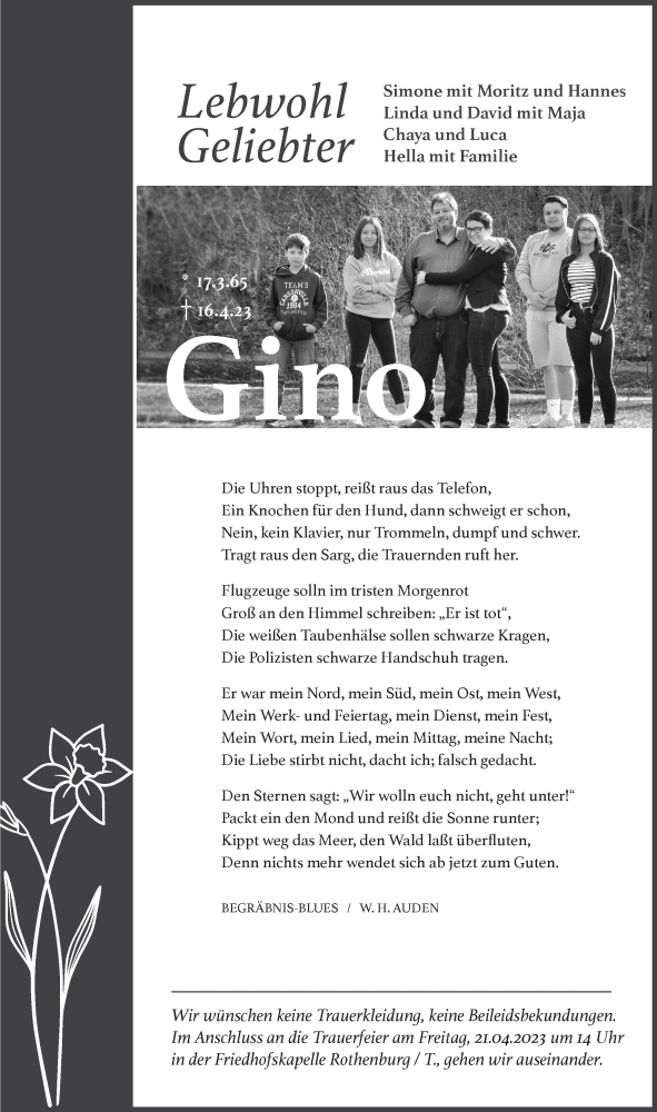  Traueranzeige für Gino  vom 19.04.2023 aus Rothenburg
