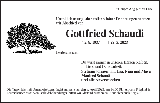 Traueranzeige von Gottfried Schaudi von Ansbach