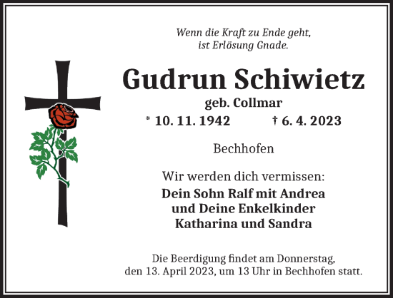 Traueranzeige von Gudrun Schiwietz von Dinkelsbühl/ Feuchtwangen