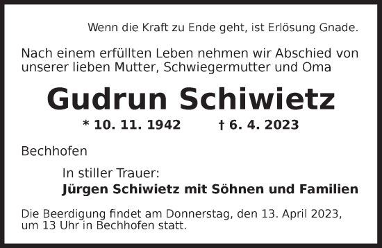 Traueranzeige von Gudrun Schiwietz von Ansbach