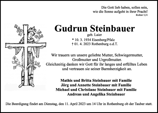 Traueranzeige von Gudrun Steinbauer von Rothenburg