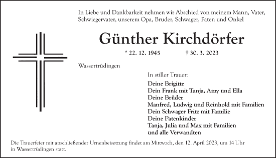 Traueranzeige von Günther Kirchdörfer von Dinkelsbühl/ Feuchtwangen