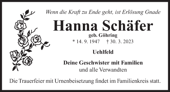 Traueranzeige von Hanna Schäfer von Neustadt/ Scheinfeld/ Uffenheim