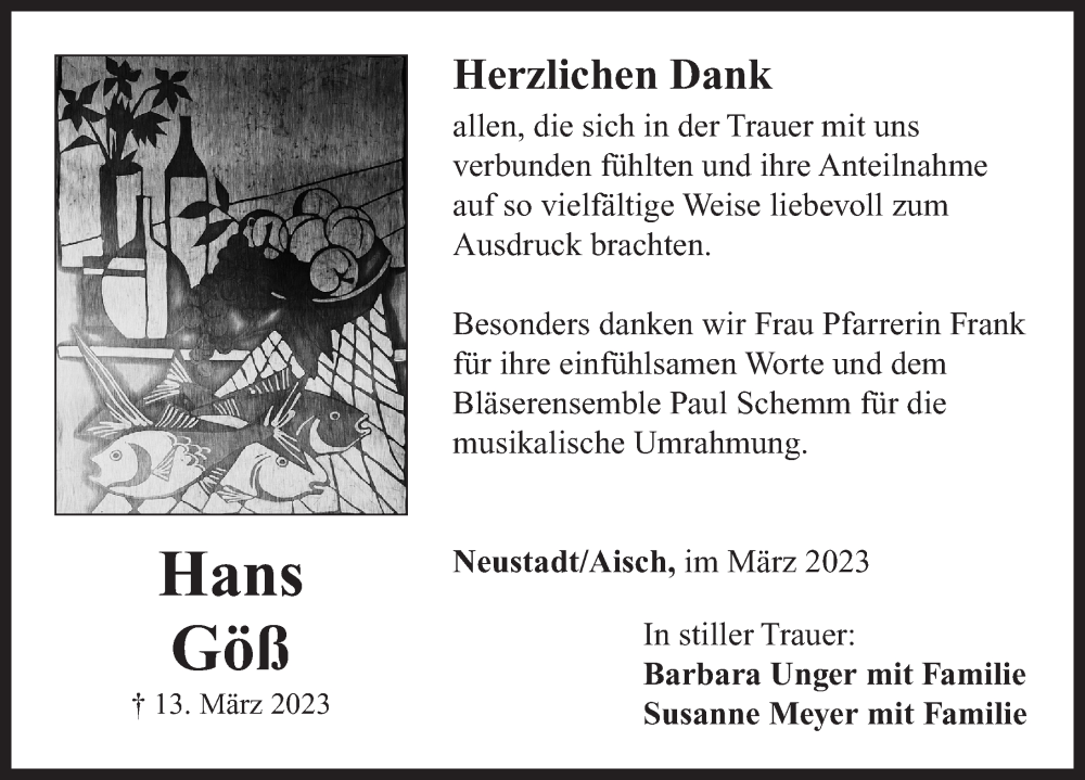  Traueranzeige für Hans Göß vom 01.04.2023 aus Neustadt/ Scheinfeld/ Uffenheim