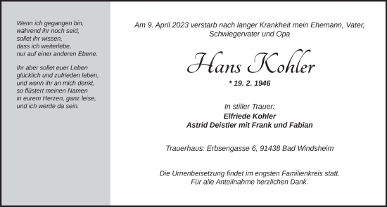 Traueranzeige von Hans Kohler von Neustadt/ Scheinfeld/ Uffenheim