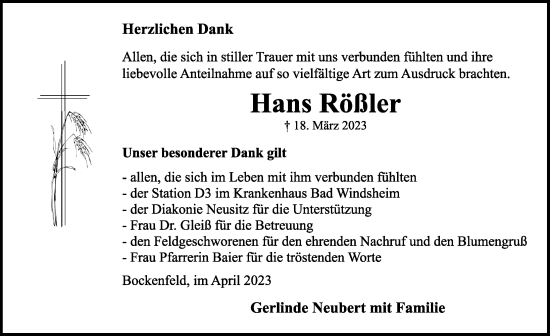 Traueranzeige von Hans Rößler von Rothenburg