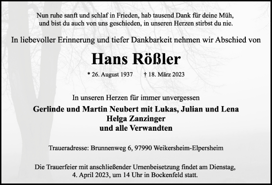 Traueranzeige von Hans Rößler von Rothenburg