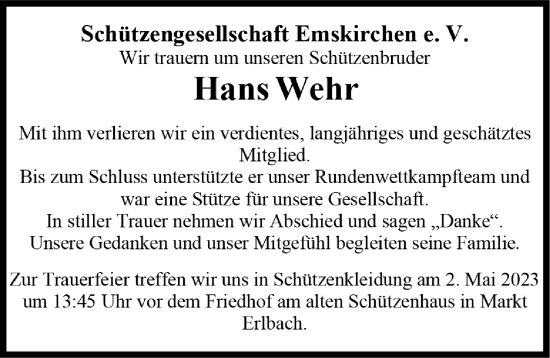 Traueranzeige von Hans Wehr von Neustadt/ Scheinfeld/ Uffenheim