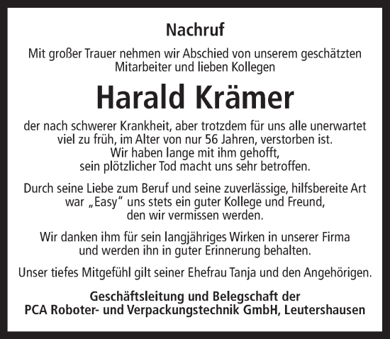 Traueranzeige von Harald Krämer von Ansbach