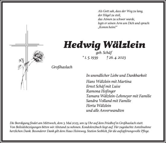 Traueranzeige von Hedwig Wälzlein von Ansbach