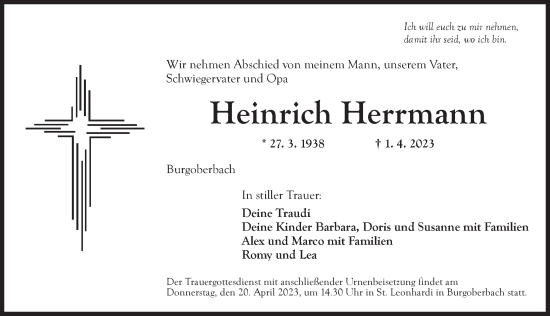 Traueranzeige von Heinrich Herrmann von Ansbach