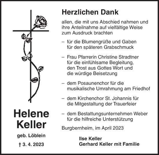 Traueranzeige von Helene Keller von Neustadt/ Scheinfeld/ Uffenheim