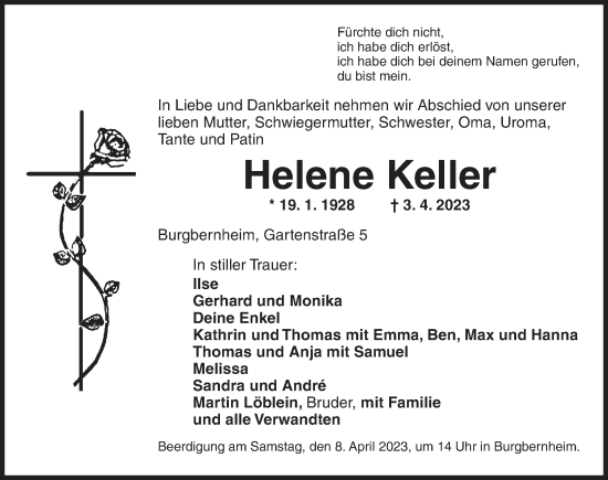 Traueranzeige von Helene Keller von Neustadt/ Scheinfeld/ Uffenheim