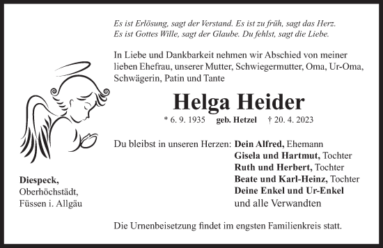 Traueranzeige von Helga Heider von Neustadt/ Scheinfeld/ Uffenheim