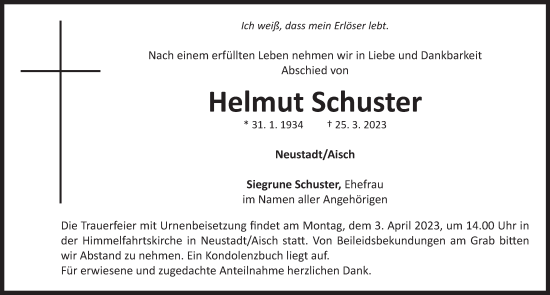 Traueranzeige von Helmut Schuster von Neustadt/ Scheinfeld/ Uffenheim