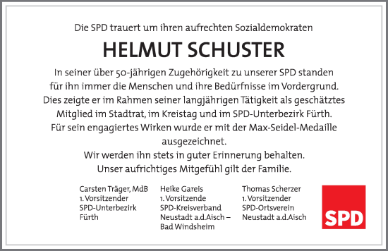 Traueranzeige von Helmut Schuster von Neustadt/ Scheinfeld/ Uffenheim