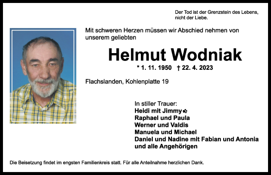 Traueranzeige von Helmut Wodniak von Neustadt/ Scheinfeld/ Uffenheim