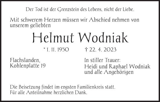 Traueranzeige von Helmut Wodniak von Ansbach