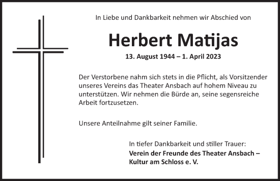 Traueranzeige von Herbert Matijas von Ansbach