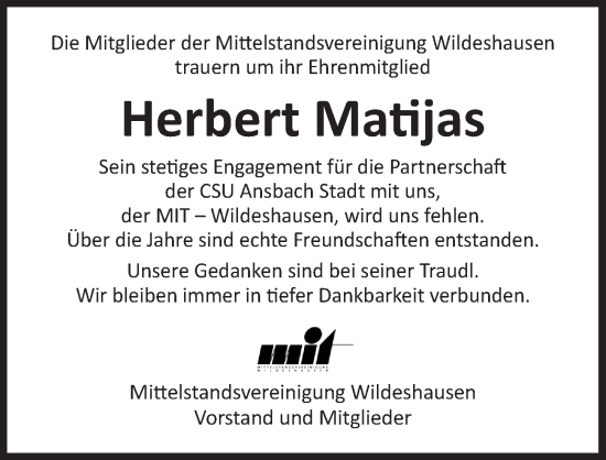 Traueranzeige von Herbert Matijas von Ansbach