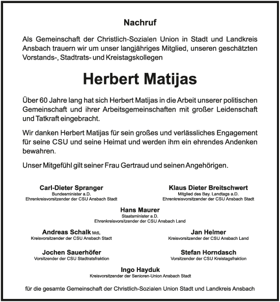 Traueranzeige von Herbert Matijas von Ansbach