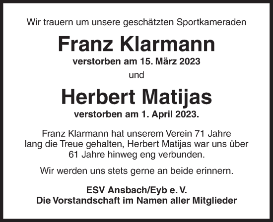 Traueranzeige von Herbert Matijas von Ansbach