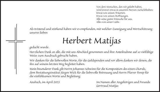 Traueranzeige von Herbert Matijas von Ansbach