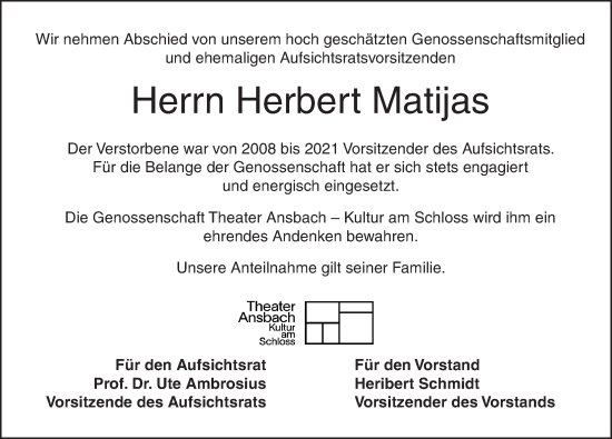 Traueranzeige von Herbert Matijas von Ansbach