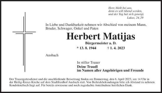 Traueranzeige von Herbert Matijas von Ansbach