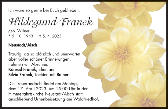 Traueranzeige von Hildegund Franek von Neustadt/ Scheinfeld/ Uffenheim