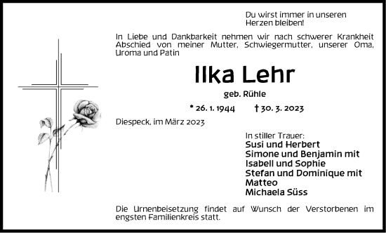 Traueranzeige von Ilka Lehr von Neustadt/ Scheinfeld/ Uffenheim