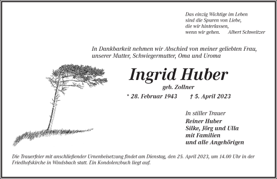 Traueranzeige von Ingrid Huber von Ansbach