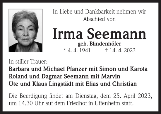 Traueranzeige von Irma Seemann von Neustadt/ Scheinfeld/ Uffenheim