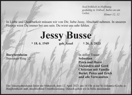 Traueranzeige von Jessy Busse von Neustadt/ Scheinfeld/ Uffenheim