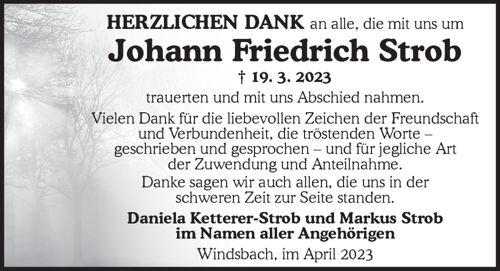  Traueranzeige für Johann Friedrich Strob vom 06.04.2023 aus Ansbach